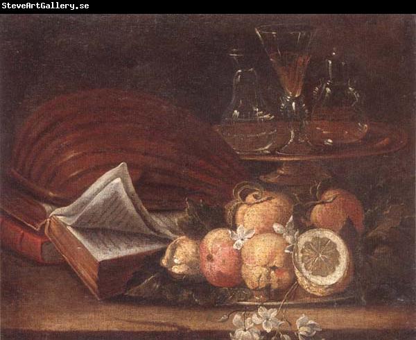 unknow artist Still life of a lute,books,apples and lemons,together with a gilt tazza with a wine glass and decanters,all upon a stone ledge